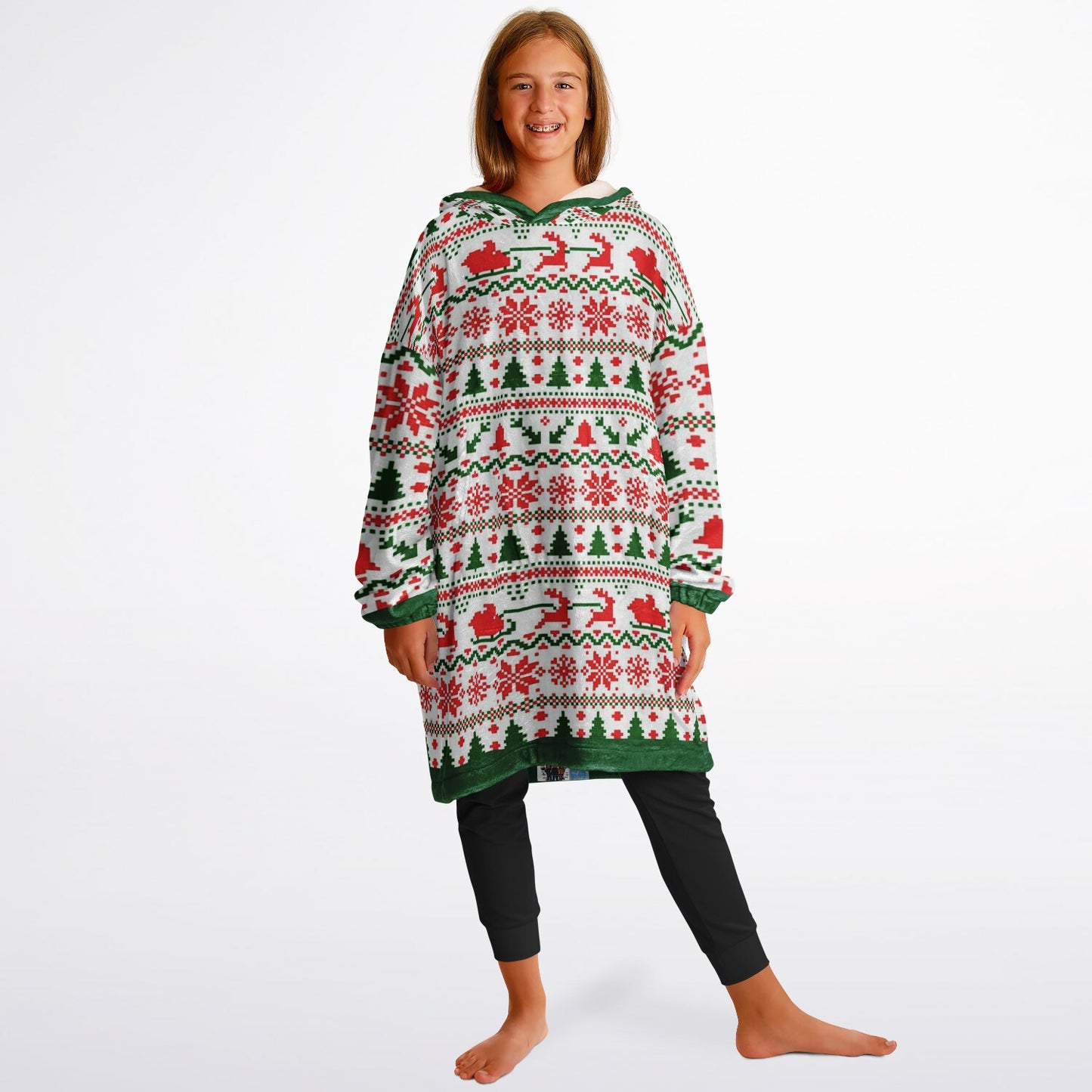 Youth Festive Christmas Santa Sleigh Family Fun Oversize Hooded Blanket