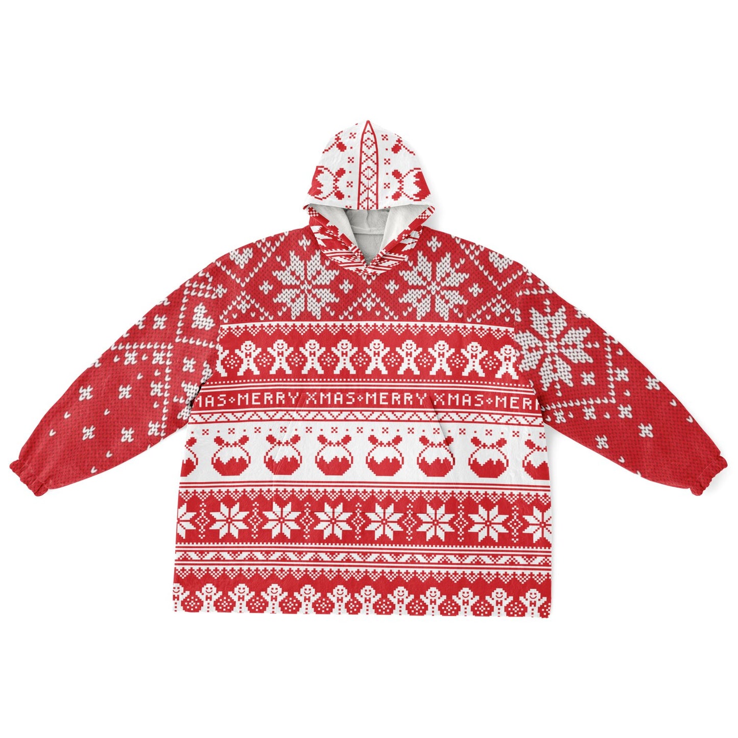 Red Christmas Snowy Happy Oversize Hooded Blanket Fun SnuggleFit