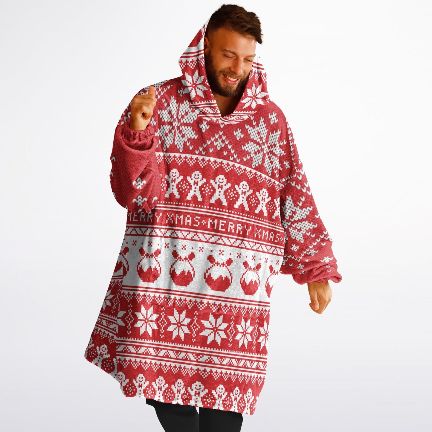 Red Christmas Snowy Happy Oversize Hooded Blanket Fun SnuggleFit