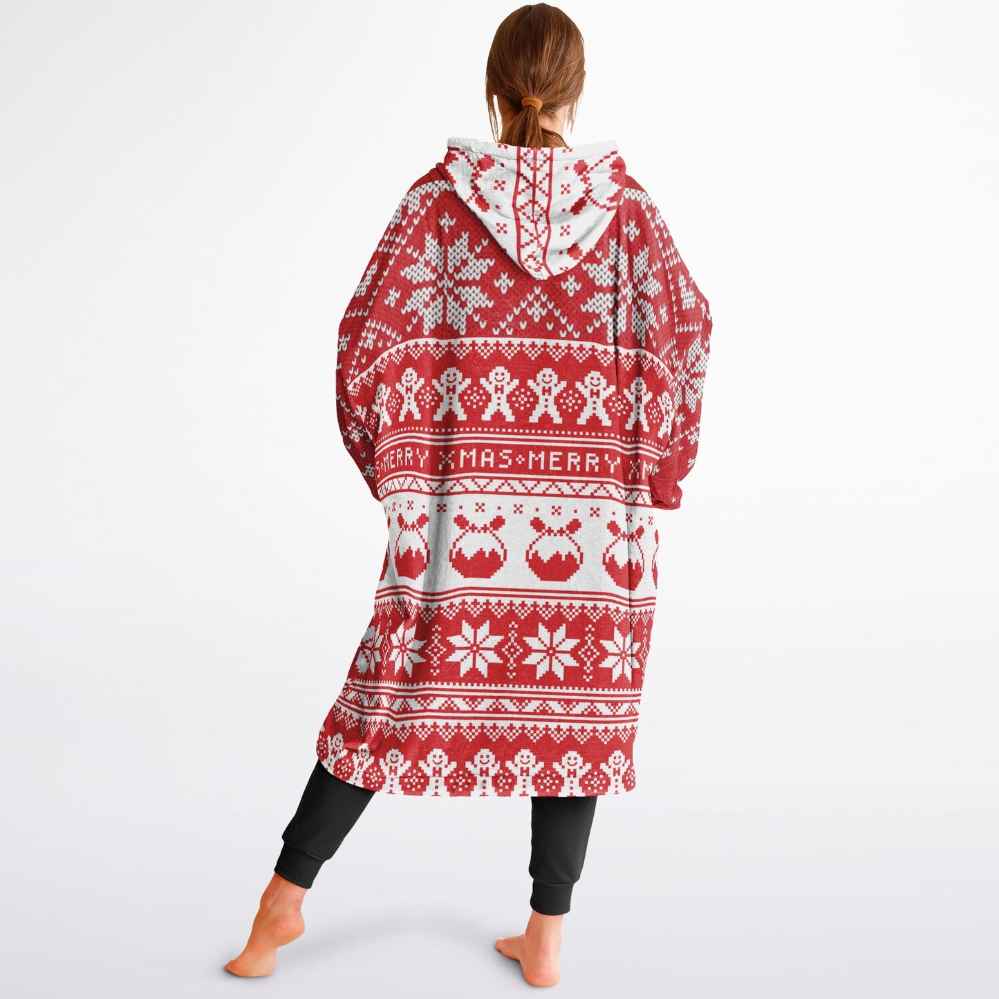 Red Christmas Snowy Happy Oversize Hooded Blanket Fun SnuggleFit