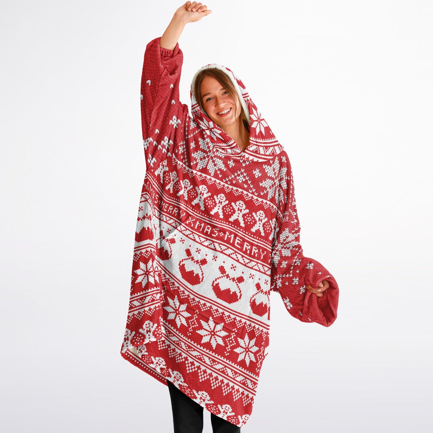 Red Christmas Snowy Happy Oversize Hooded Blanket Fun SnuggleFit