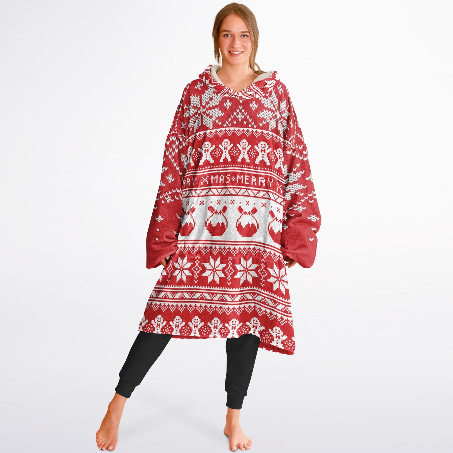 Red Christmas Snowy Happy Oversize Hooded Blanket Fun SnuggleFit