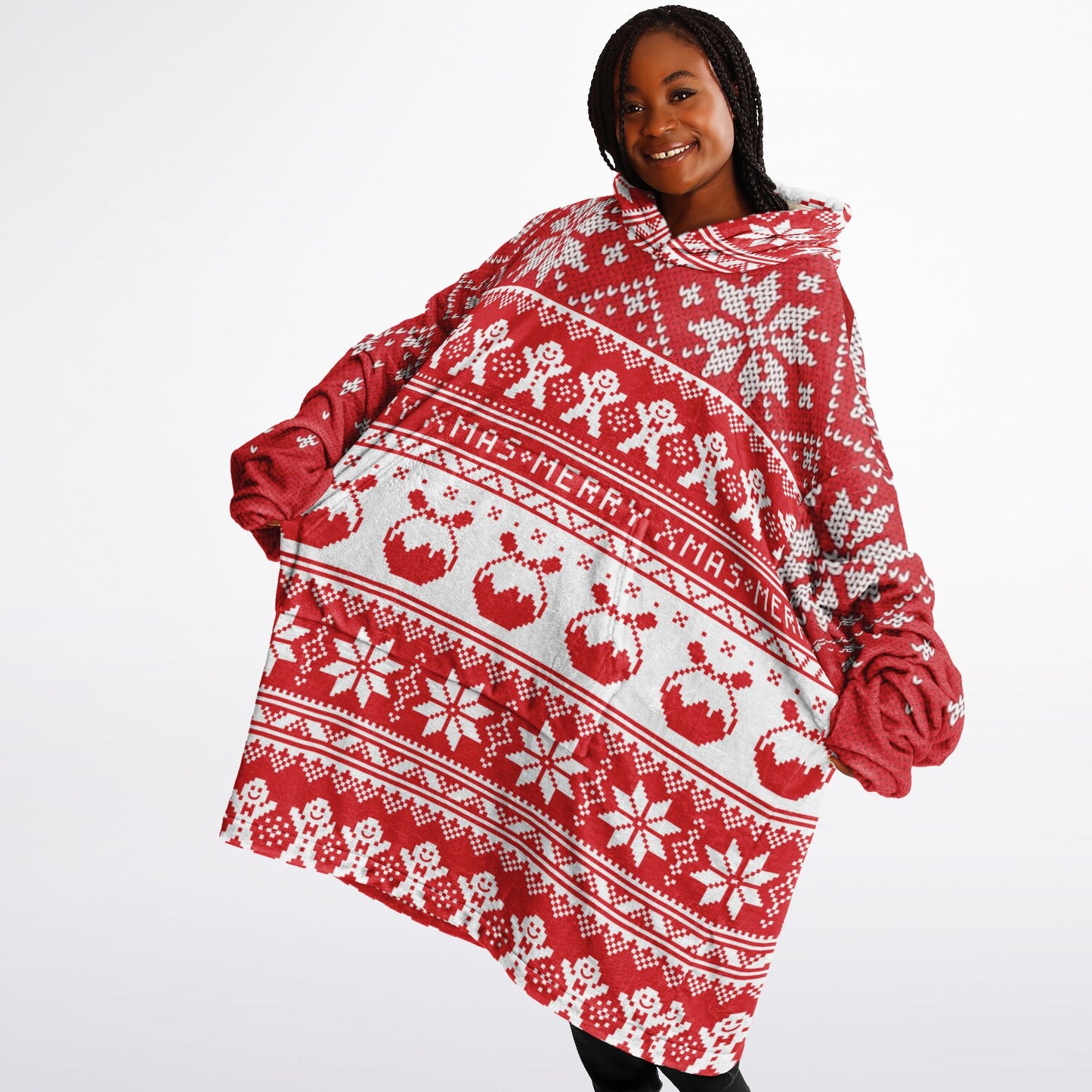 Red Christmas Snowy Happy Oversize Hooded Blanket Fun SnuggleFit