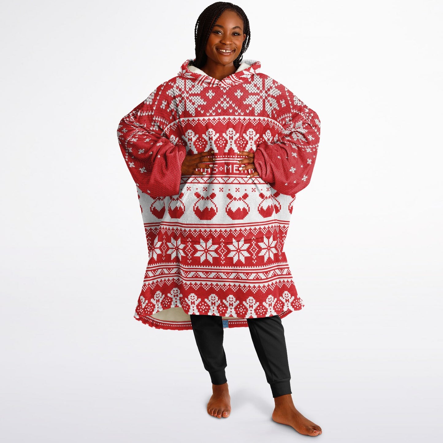Red Christmas Snowy Happy Oversize Hooded Blanket Fun SnuggleFit